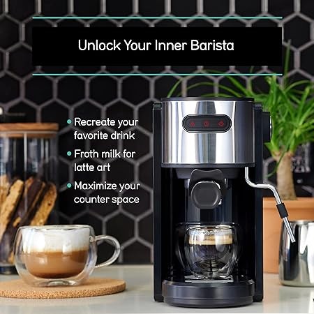 Coffee Gator Espresso Machine, Quick-Brew Espresso Maker with Milk Frother & 1.3 Liter Removable Water Tank
